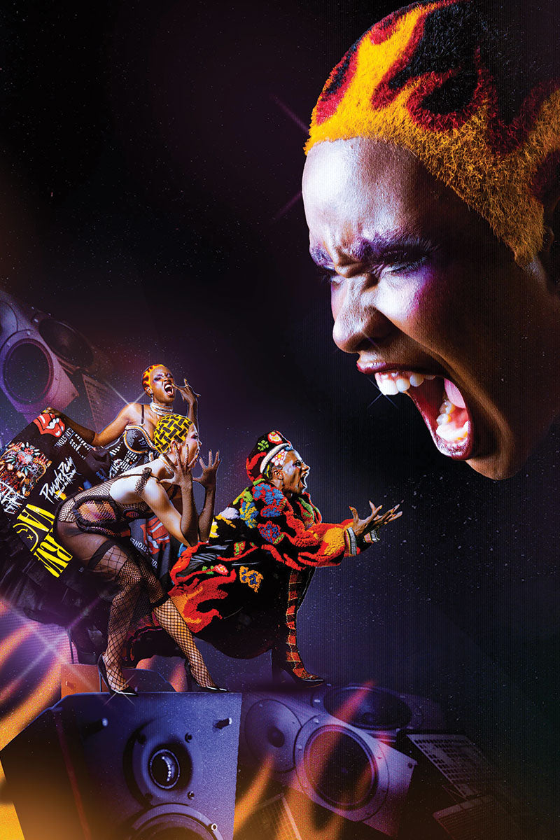 surreal image of a model is painted buzzed wig superimposed in the sky over models in miniature size also wearing buzzed painted wigs