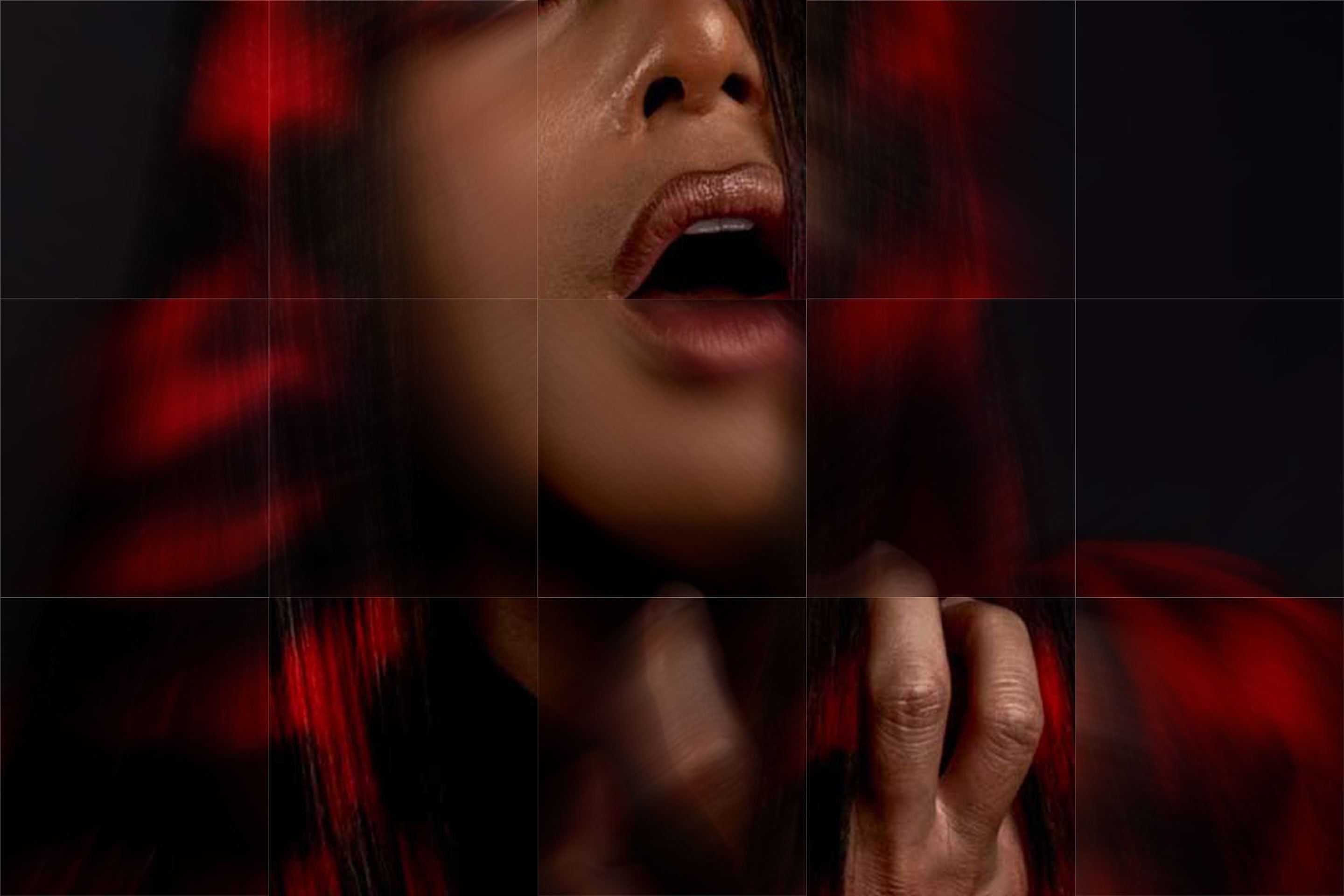 a blurry collage of an individual wearing a black and red skull wig