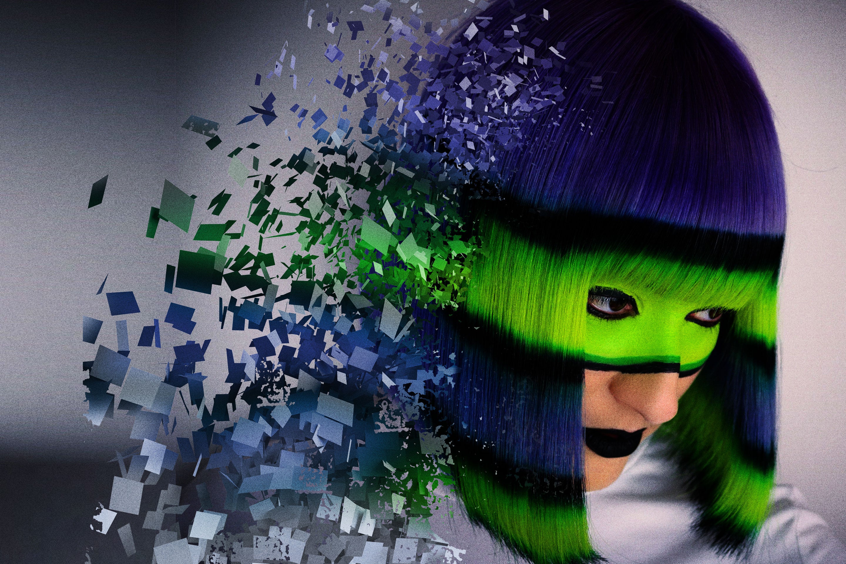 shannon in a purple, green and black striped wig that breaks into pieces